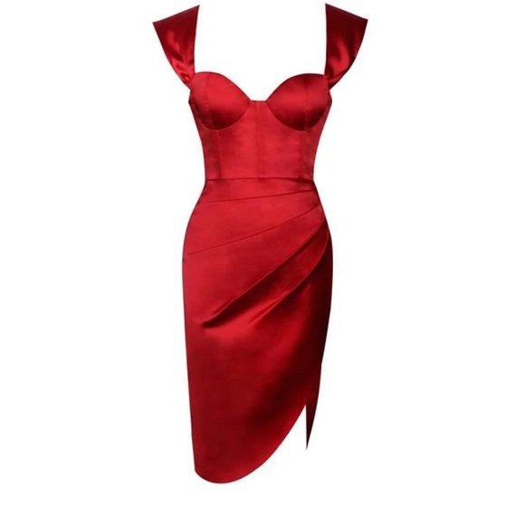 Red sweetheart draping sleeve satin corset dress - Picture 6 of 10